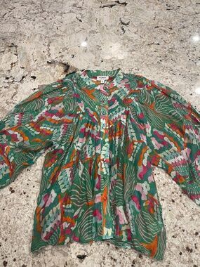 ee:some LA Women’s Large Vibrant Abstract Puff Sleeve Blouse Lightweight Airy